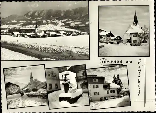 Ak Törwang Samerberg in Oberbayern, Teilansicht, Brunnen, Kirche, Winter