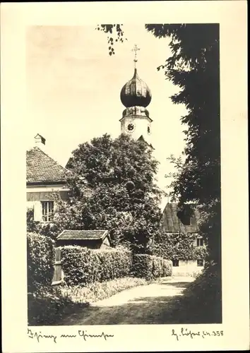 Ak Ising Chieming am Chiemsee Oberbayern, Dorfpartie, Kirchturm