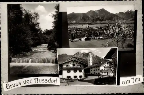 Ak Nußdorf am Inn, Teilansicht, Gasthof, Fluss, Wasserfall