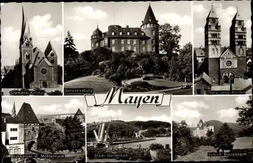 Ak Mayen in der Eifel, Pfarrkirche St. Clemens, Herz Jesu Kirche, Gartenbad, Schloss Bürresheim