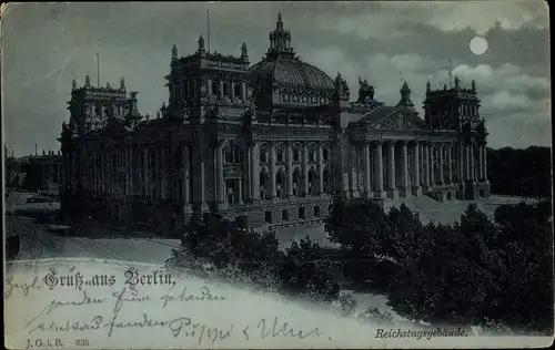 Mondschein Ak Berlin Mitte, Reichstagsgebäude bei Nacht
