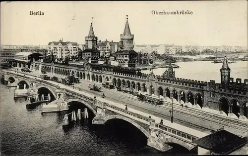 Ak Berlin Friedrichshain, Oberbaumbrücke, Türme, Verkehr