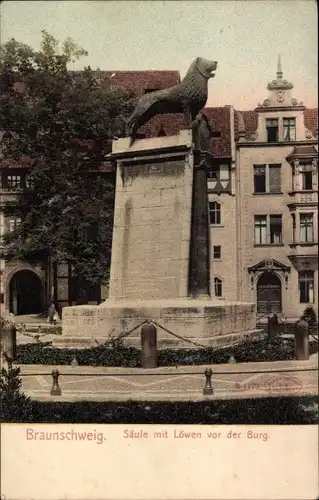 Ak Braunschweig in Niedersachsen, Säule mit Löwen vor der Burg