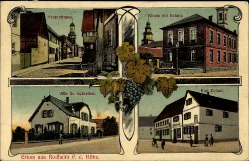 Ak Rodheim Rosbach vor der Höhe Hessen, Hauptstraße, Kirche, Schule, Villa Dr. Schreiber, Geschäft
