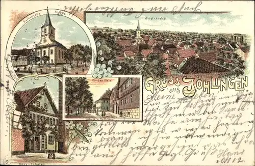 Litho Jöhlingen Walzbachtal in Baden, Kirche, Kirchenplatz, Schule, Rathaus, Haus Schafer, Panorama