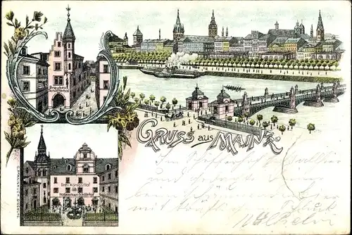 Vorläufer Litho Mainz am Rhein, Stadtpanorama, Brauhaus Schöfferhof, Drei Königs Hof