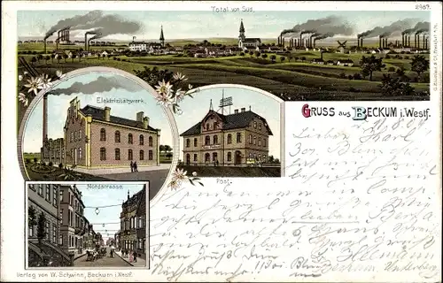 Litho Beckum in Westfalen, Elektrizitätswerk, Post, Nordstraße, Panorama