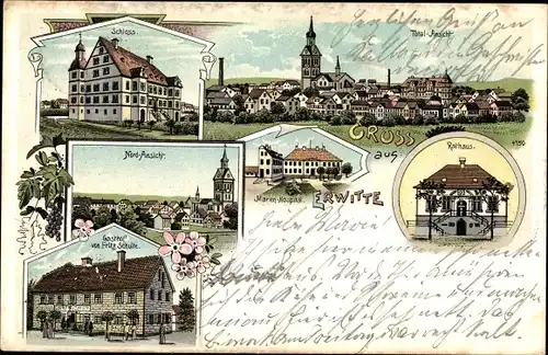 Litho Erwitte in Westfalen, Schloss, Gasthaus, Marien Hospital, Rathaus, Panorama