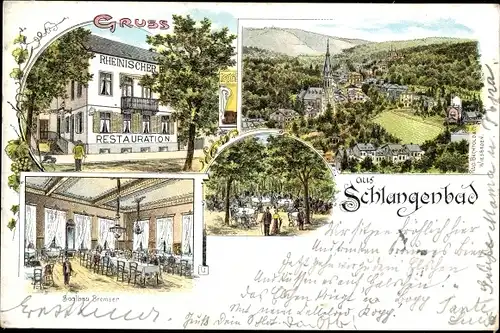 Litho Schlangenbad im Taunus Hessen, Restauration Rheinischer Hof, Saalbau Bremser