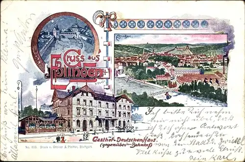 Litho Esslingen am Neckar, Gasthof zum Deutschen Haus, Panorama