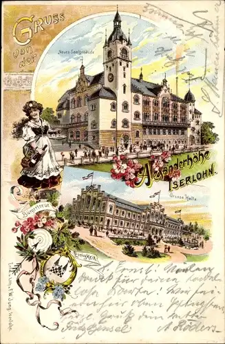 Litho Iserlohn im Märkischen Kreis, Alexanderhöhe, Neues Saalgebäude, Halle