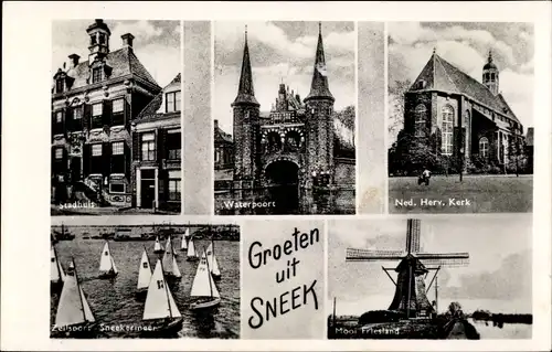 Ak Snits Sneek Friesland Niederlande, stadhuis, Waterport, Kerk, Zeilsport