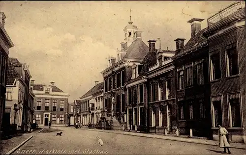 Ak Snits Sneek Friesland Niederlande, Marktstraat met Stadhuis