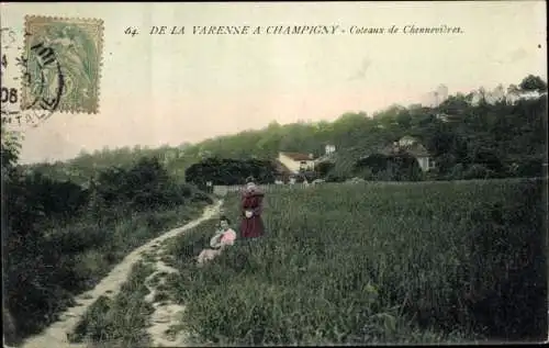 Ak  Chennevières Maine-et-Loire, Coteaux, Panorama, Damen am Wegrand