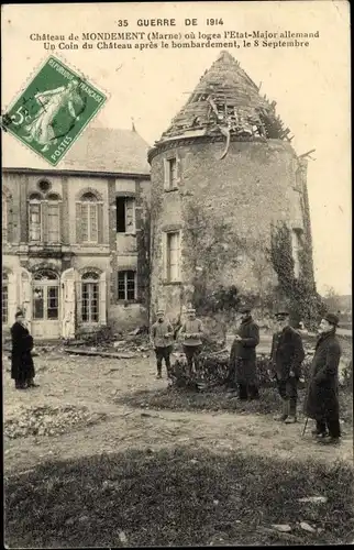 Ak Mondement Marne, Le Chateau, Un Coin du Chateau apres le bombardement