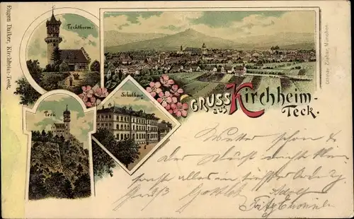 Litho Kirchheim unter Teck Baden Württemberg, Teckturm, Burg Teck, Schulhaus