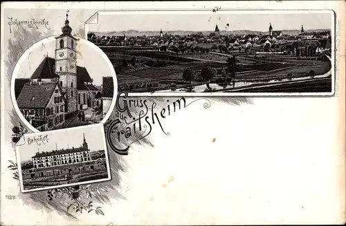 Litho Crailsheim Baden Württemberg, Johanniskirche, Bahnhof, Gesamtansicht
