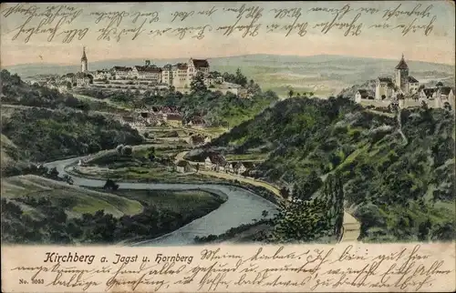 Litho Kirchberg an der Jagst, Gesamtansicht, Hornberg