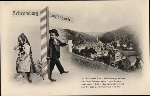 Ak Lauterbach Schwarzwald, Panoramaansicht von Ortschaft, Wegweiser Scjramberg, Gedicht in Mundart