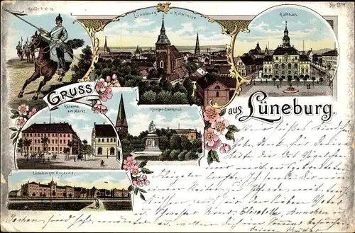 Litho Lüneburg in Niedersachsen, Kaserne am Markt, Kriegerdenkmal, Rathaus, Han. Dr. R. No. 16