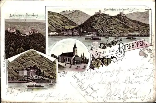 Litho  Bornhofen am Rhein, Kirche, Feindl. Brüder, Liebenstein, Sterenburg, Hotel Marienburg