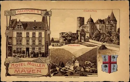 Ak Mayen in der Eifel, Hotel Müller, Marktplatz 9, Genofeva Burg, Schloss Bürresheim, Wappen