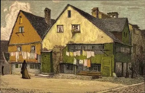 Künstler Ak Schlätter, E., Straßenpartie in einem Ort, Alte Häuser in der Au