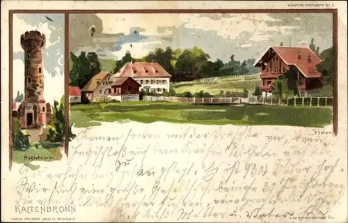 Künstler Litho Kaltenbronn Gernsbach im Murgtal Schwarzwald, Hohlohturm, Gasthaus, Vogelschau