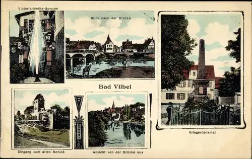 Ak Bad Vilbel in Hessen, Altes Schloss, Kriegerdenkmal, Brücke, Victoria Melitta Sprudel