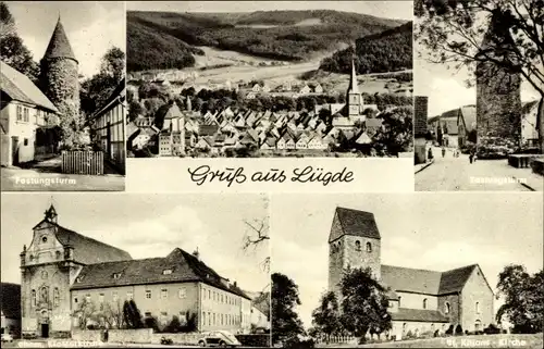 Ak Lügde im Weserbergland, Festungsturm, Teilansicht, Klosterkirche, St. Kilianskirche