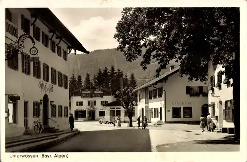 Ak Unterwössen in Oberbayern, Gasthof zur Post, Apotheke, Park Café