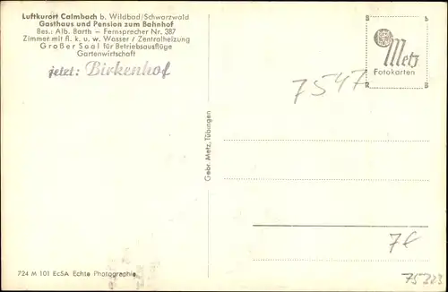 Ak Calmbach Bad Wildbad Schwarzwald, Pension zum Bahnhof, Birkenhof