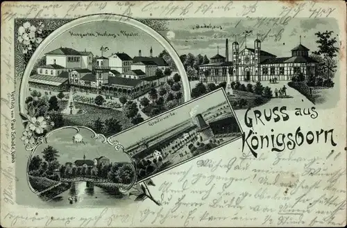 Mondschein Litho Königsborn Unna im Ruhrgebiet, Badehaus, Gradierwerke, Kurhaus, Theater