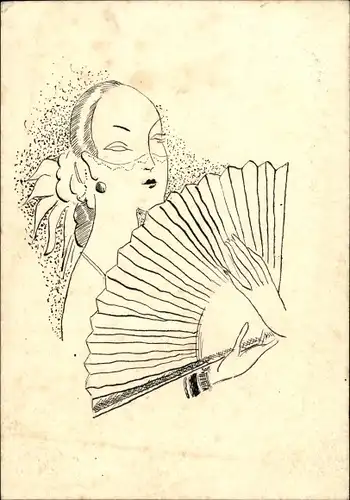 Künstler Ak Frau mit Maske und Fächer