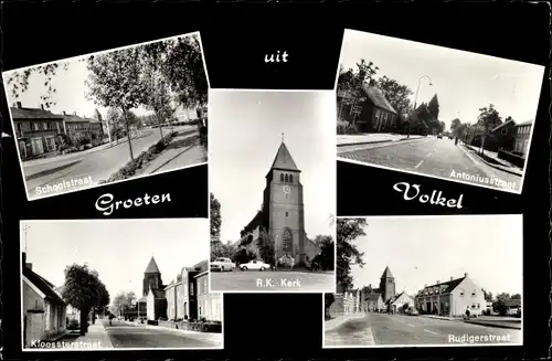 Ak Volkel Nordbrabant, Schoolstraat, Antoniusstraat, R. K. Kerk, Rudigerstraat, Kloosterstraat