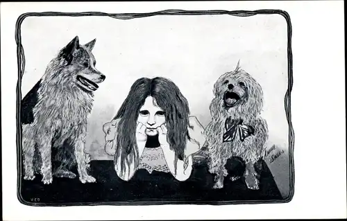 Künstler Ak Sager, Xavier, Mädchen mit zwei Hunden