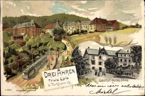 Litho Trois Épis Drei Ähren Elsass Haut Rhin, Gasthof Notre Dame, Straßenbahn