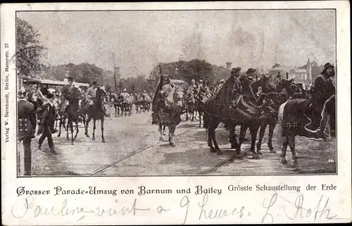 Ak Barnum und Bailey, große Parade, Reiter, Zirkus, Schaustellung, Umzug