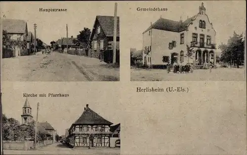 Ak Herrlisheim Herlisheim Elsass Bas Rhin, Gemeindehaus, Hauptstraße, Kirche, Pfarrhaus
