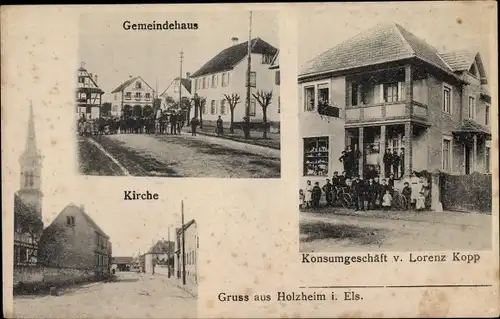 Ak Holtzheim Holzheim Elsass Bas Rhin, Konsumgeschäft, Gemeindehaus, Kirche