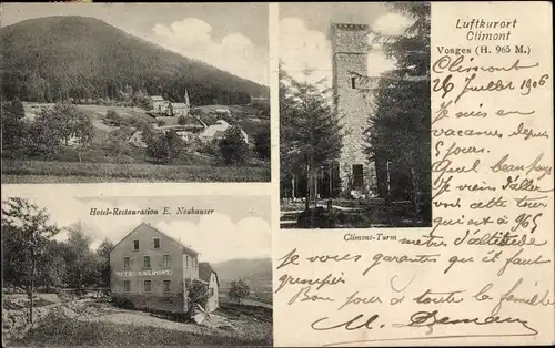 Ak Orbey Urbeis Elsass Bas Rhin, Climont Turm, Hotel und Restauration, Ortsansicht