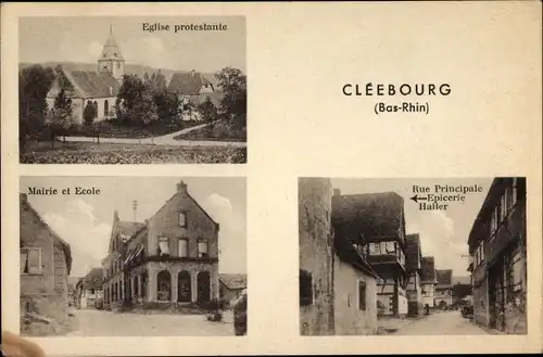 Ak Cleebourg Elsass Bas Rhin, Rue Principale, Epicerie Haller, Mairie, Ecole, Eglise protestante