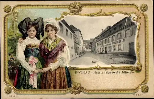 Präge Passepartout Ak Rothau Elsass Bas Rhin, Hotel zu den zwei Schlüsseln, Frauen in Trachten