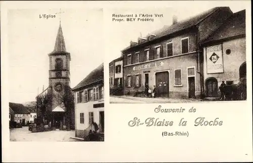 Ak Saint Blaise la Roche Elsass Bas Rhin, L'Eglise, Restaurant a l'Arbre Vert