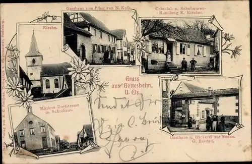 Ak Gottesheim Elsass Bas Rhin, Kolonialwarenhandlung Kircher, Gasthaus zum Pflug, Kolb, zur Sonne
