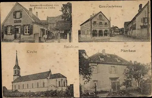 Ak Holtzheim Holzheim Elsass Bas Rhin, Pfarrhaus, Gemeindehaus, Spezereihandlung, Kirche