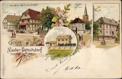 Litho Niederbetschdorf Betschdorf Elsass Bas Rhin, Bahnhof, Mädchenschule, Kirche, Epicerie