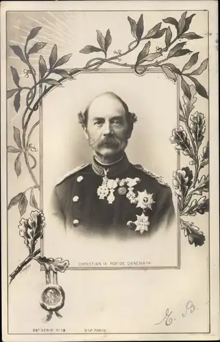 Passepartout Ak Christian IX, König von Dänemark, Portrait, Uniform, Orden