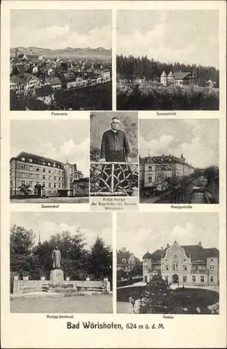 Ak Bad Wörishofen im Unterallgäu, Panorama, Sonnenbichl, Kneippstraße, Sassenhof, Denkmal, Kasino