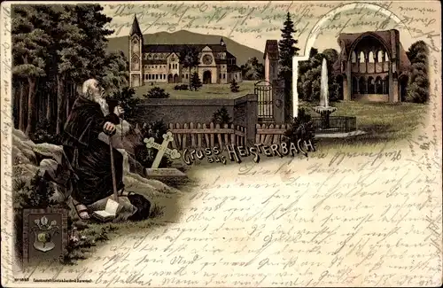 Litho Königswinter am Rhein, Kloster Heisterbach, Ruine, Mönch